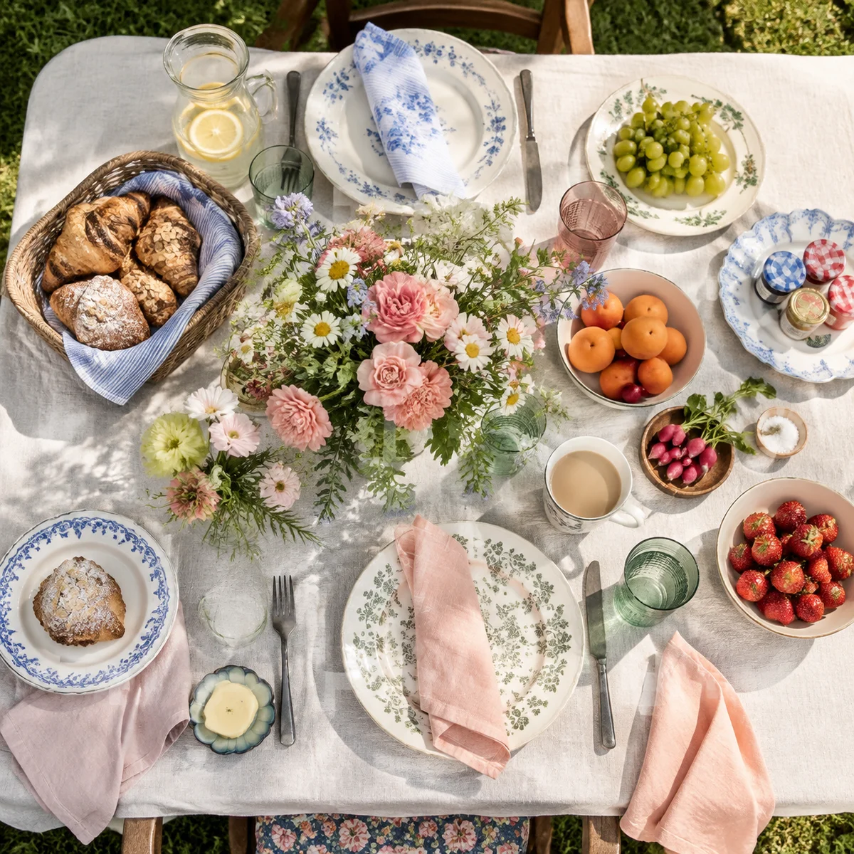 An outdoor brunch table set with mismatched plates and fresh flowers, capturing the homey, optional feel of garden party polyamory.