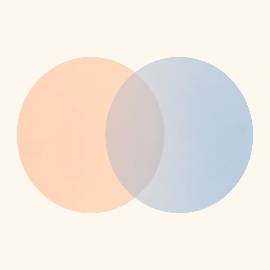 Two overlapping translucent circles in peach and blue merging into a gray middle zone