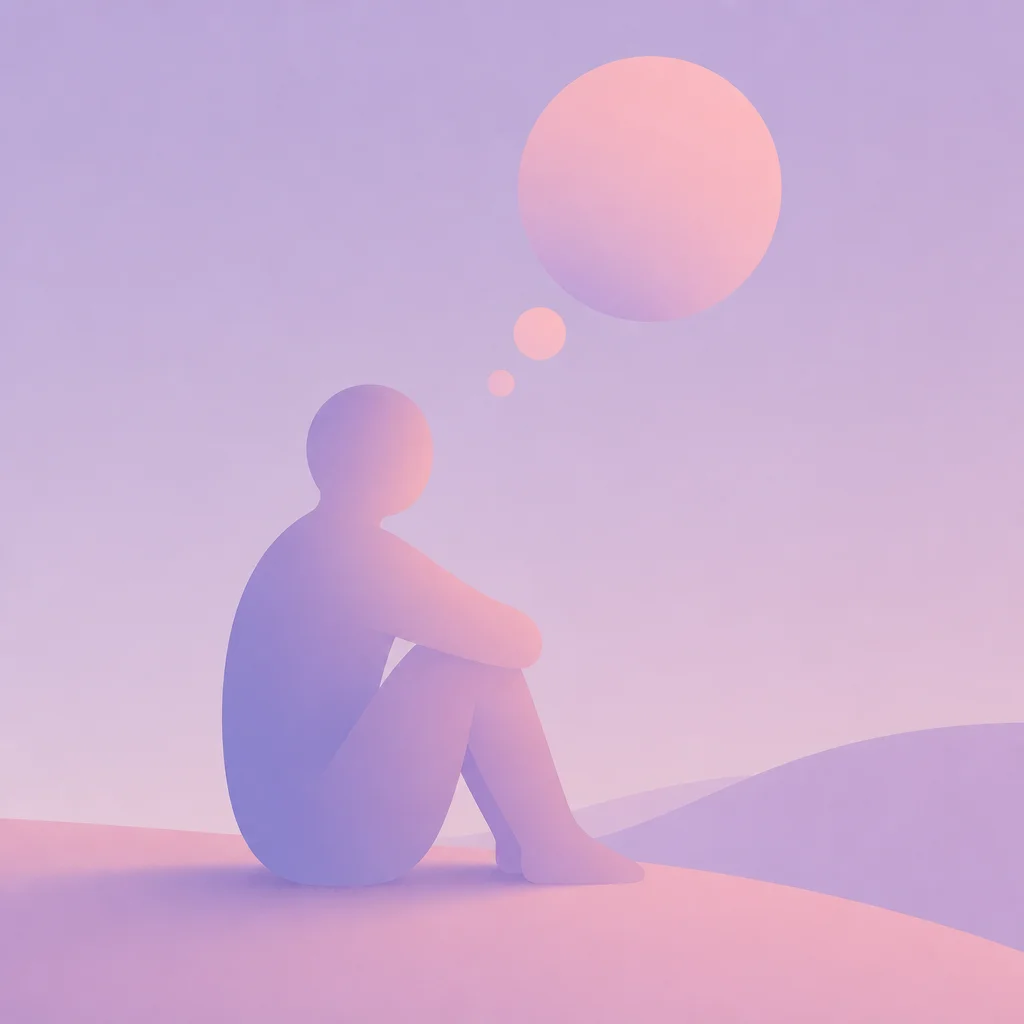 An abstract minimal figure with a soft thought bubble, sitting in quiet reflection