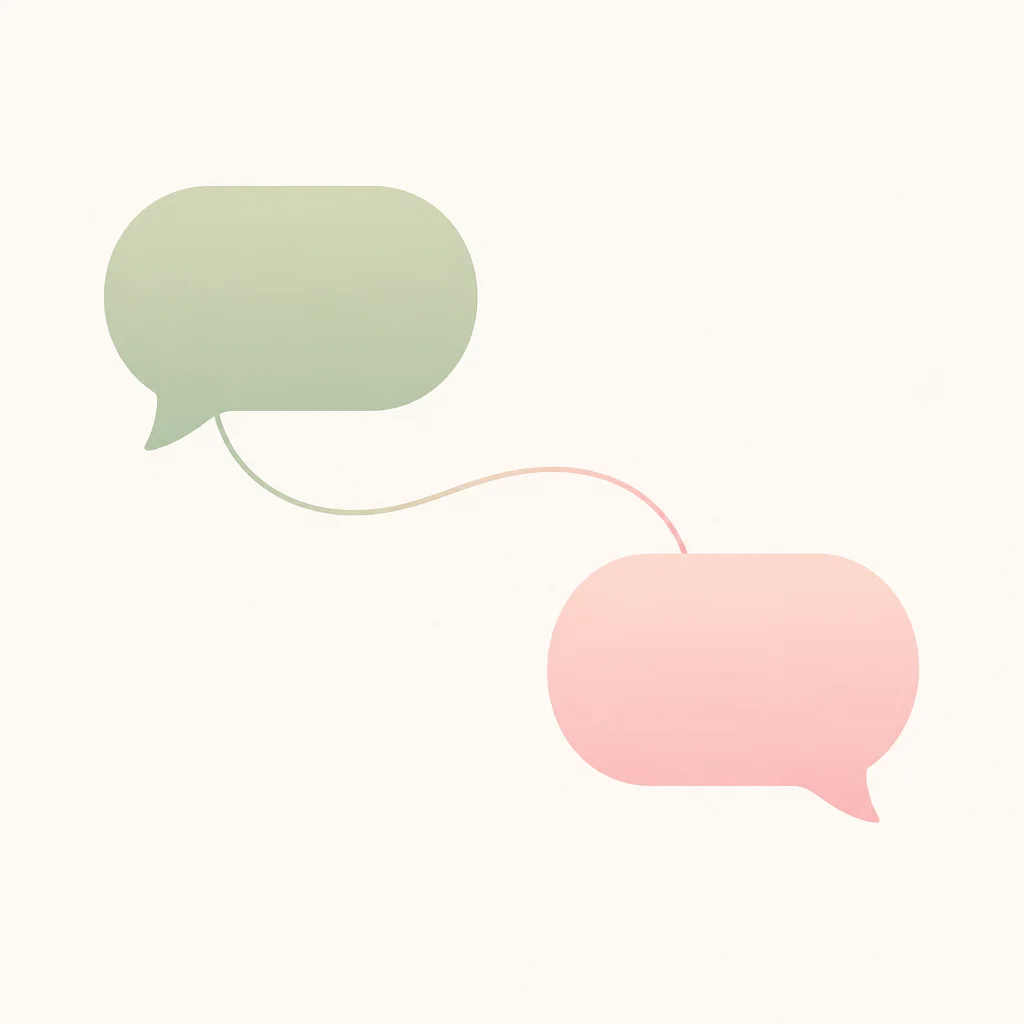 Two soft speech bubbles in sage and pink connected by a gradient line