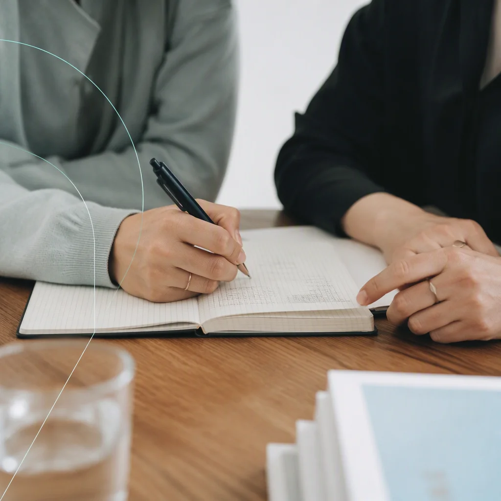 Two hands writing down a hotwife dating agreement in a shared notebook