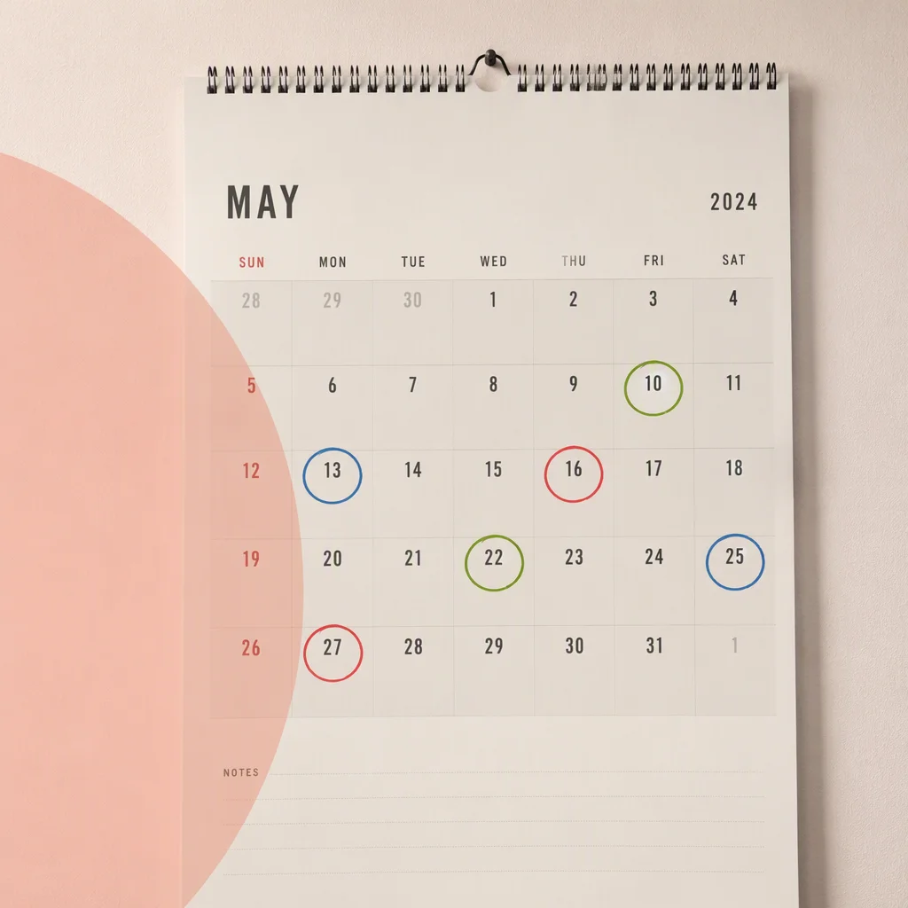 A wall calendar with circled dates for check-ins and aftercare