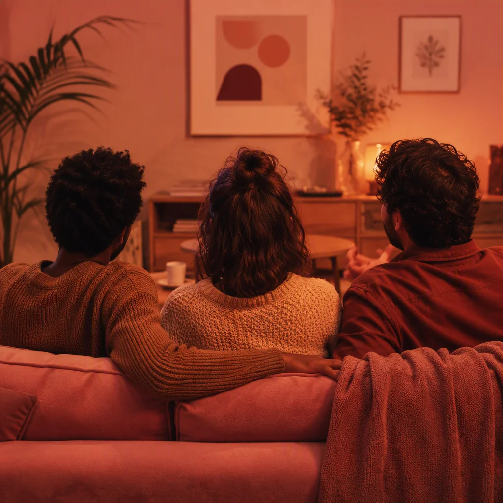 Three partners in a polyfidelity arrangement relaxing together on a couch
