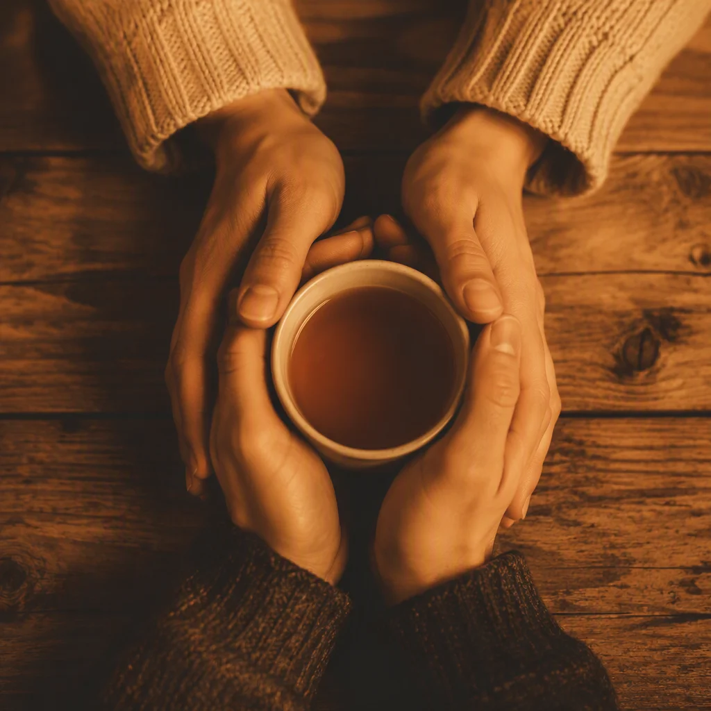 Hands of partners gathered around a shared cup of tea in warm light