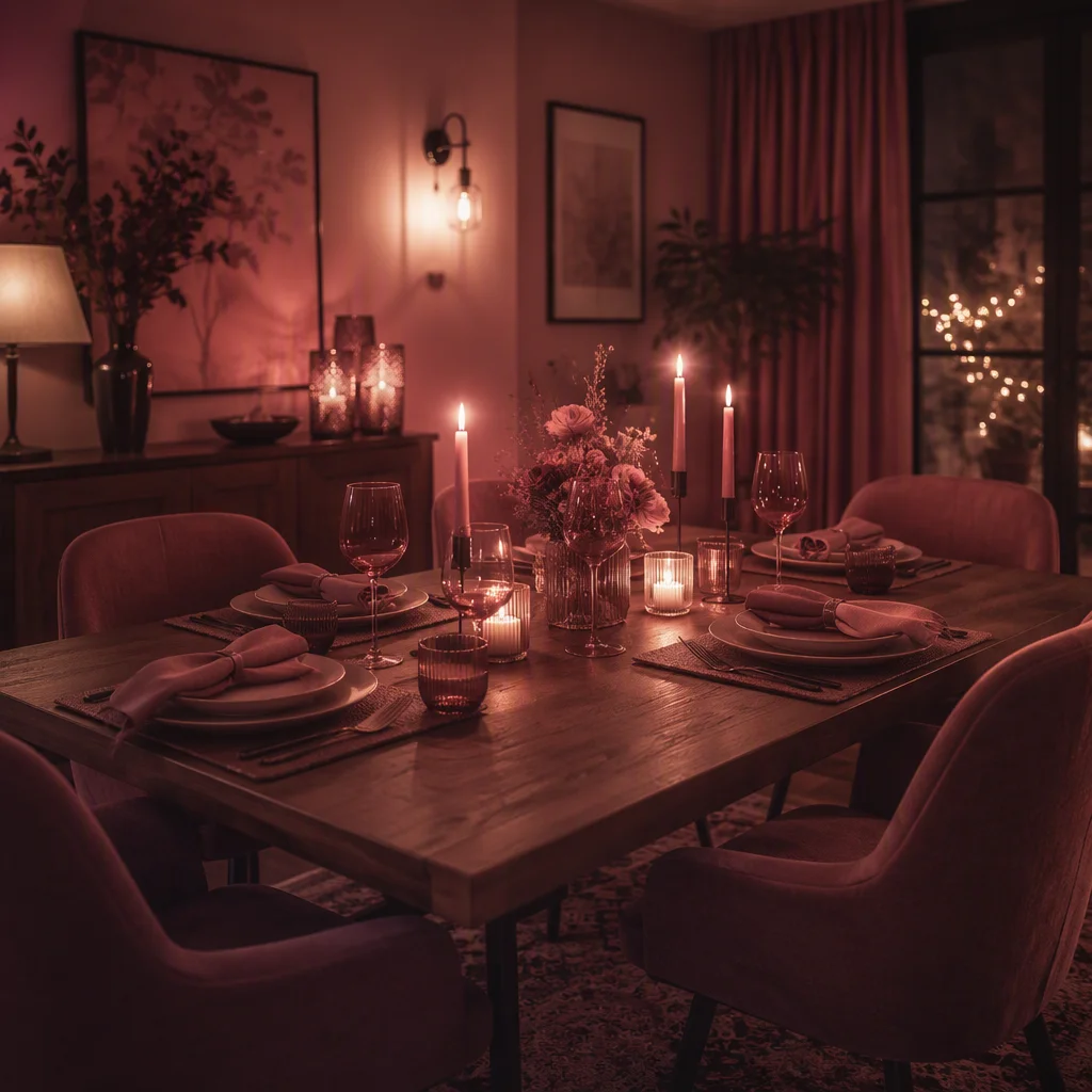 A candlelit dinner table set for a small polyfidelitous group
