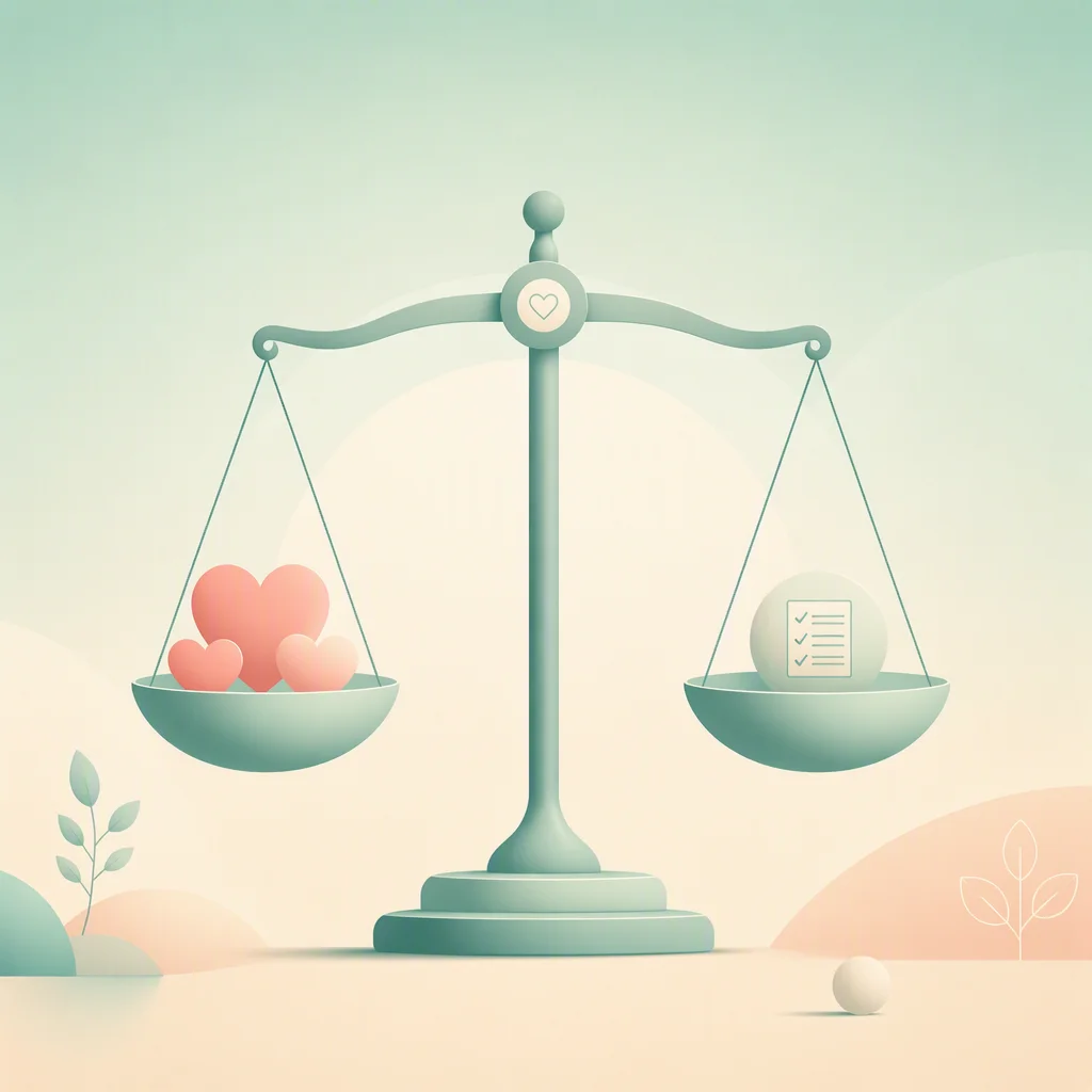 Illustration of a soft balance scale holding small hearts, symbolizing weighing commitments