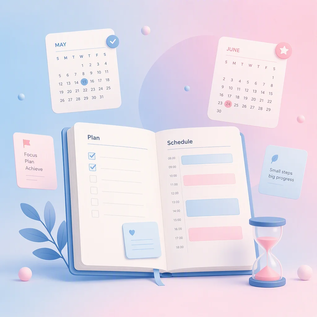 Illustration of an open planner with floating calendar cards and an hourglass, representing time and scheduling
