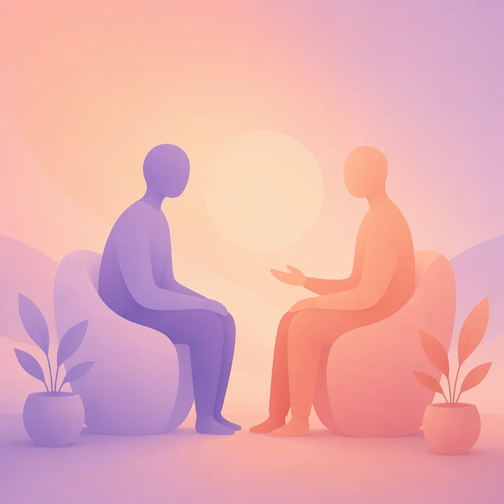 Illustration of two abstract seated figures in gentle conversation, warm and supportive