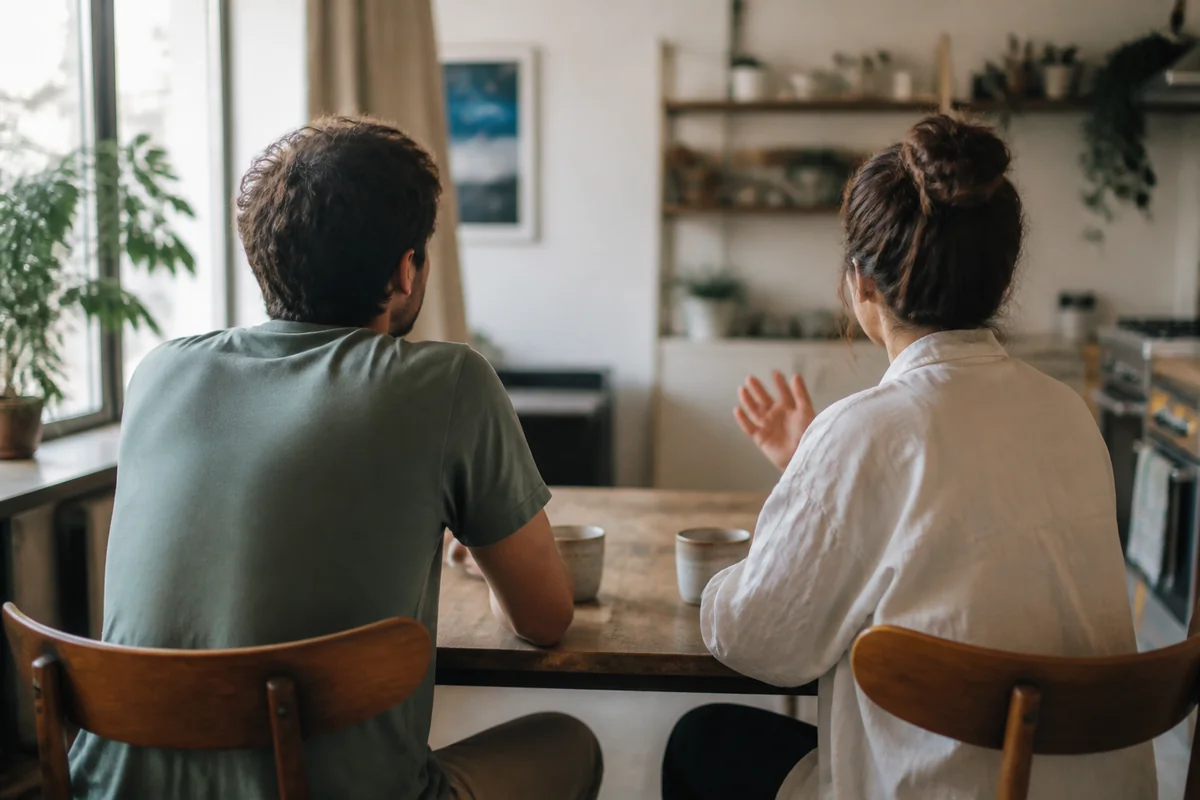 Couple talking at a kitchen table about their relationship expectations
