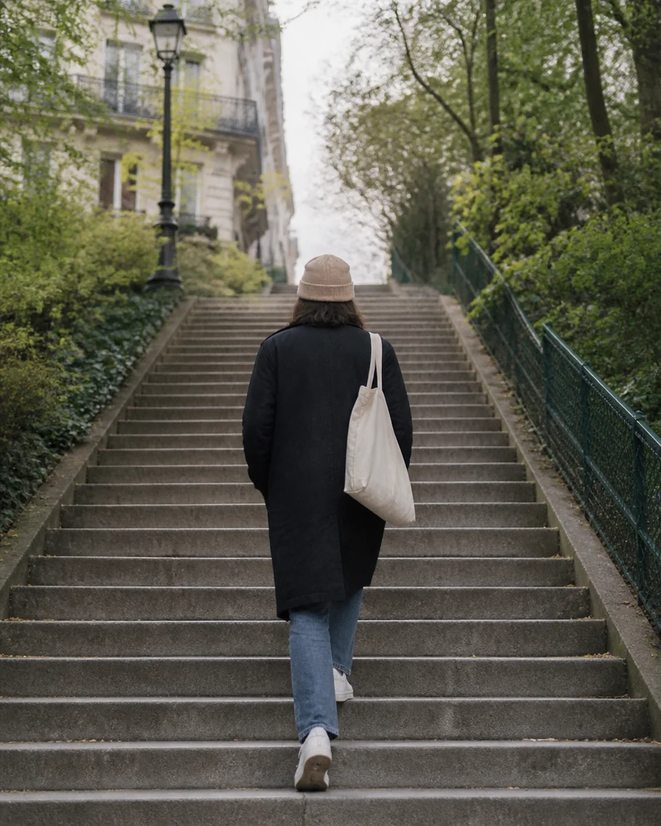 Person walking up a long staircase symbolizing the relationship escalator's fixed path