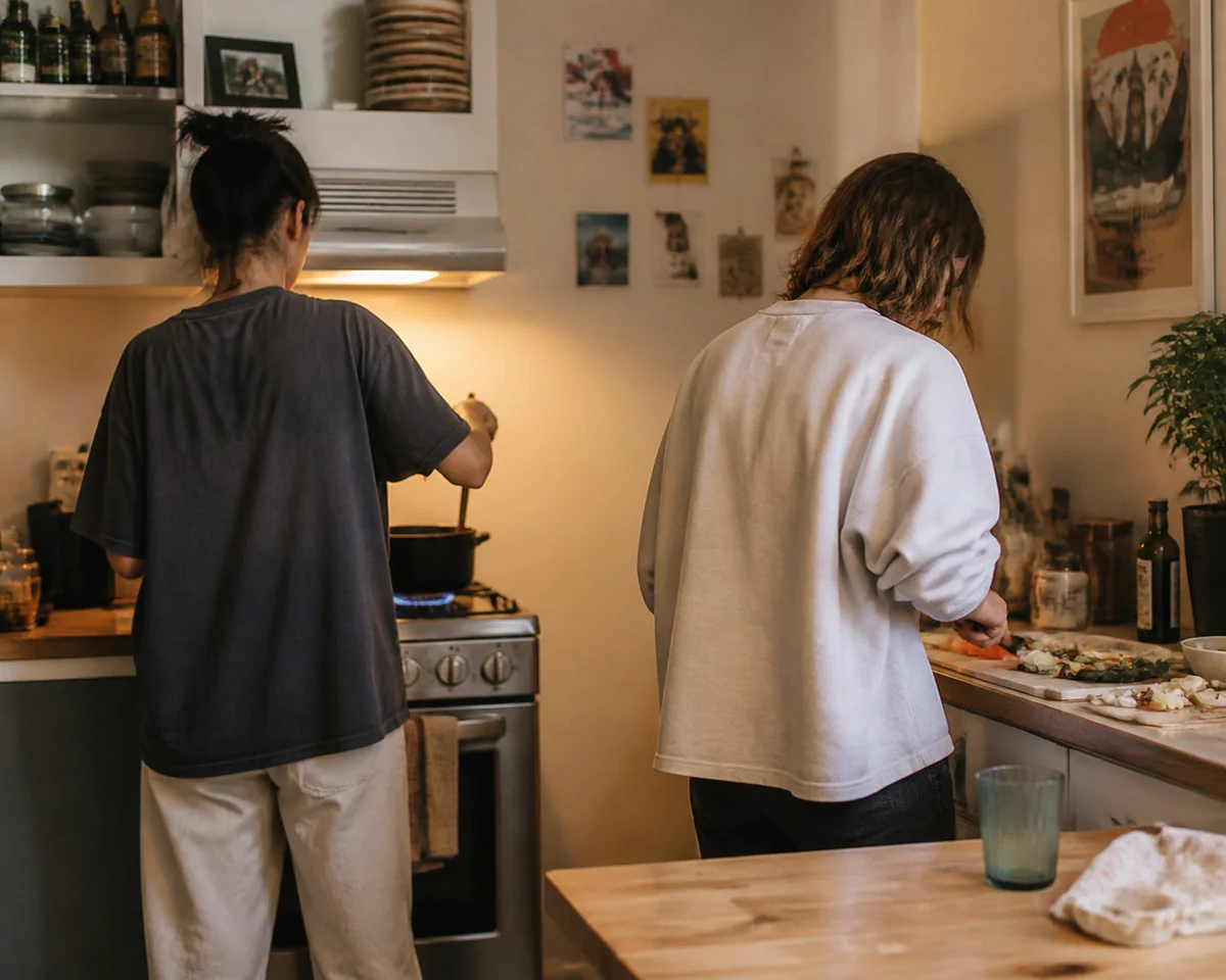 Two people cooking dinner together in an everyday shared home