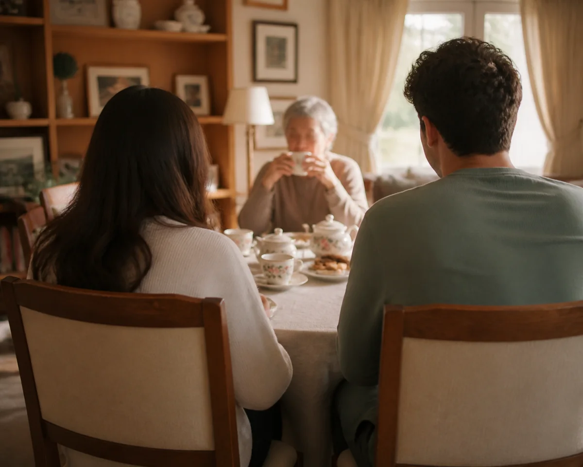 A couple talking with family over tea about relationship choices