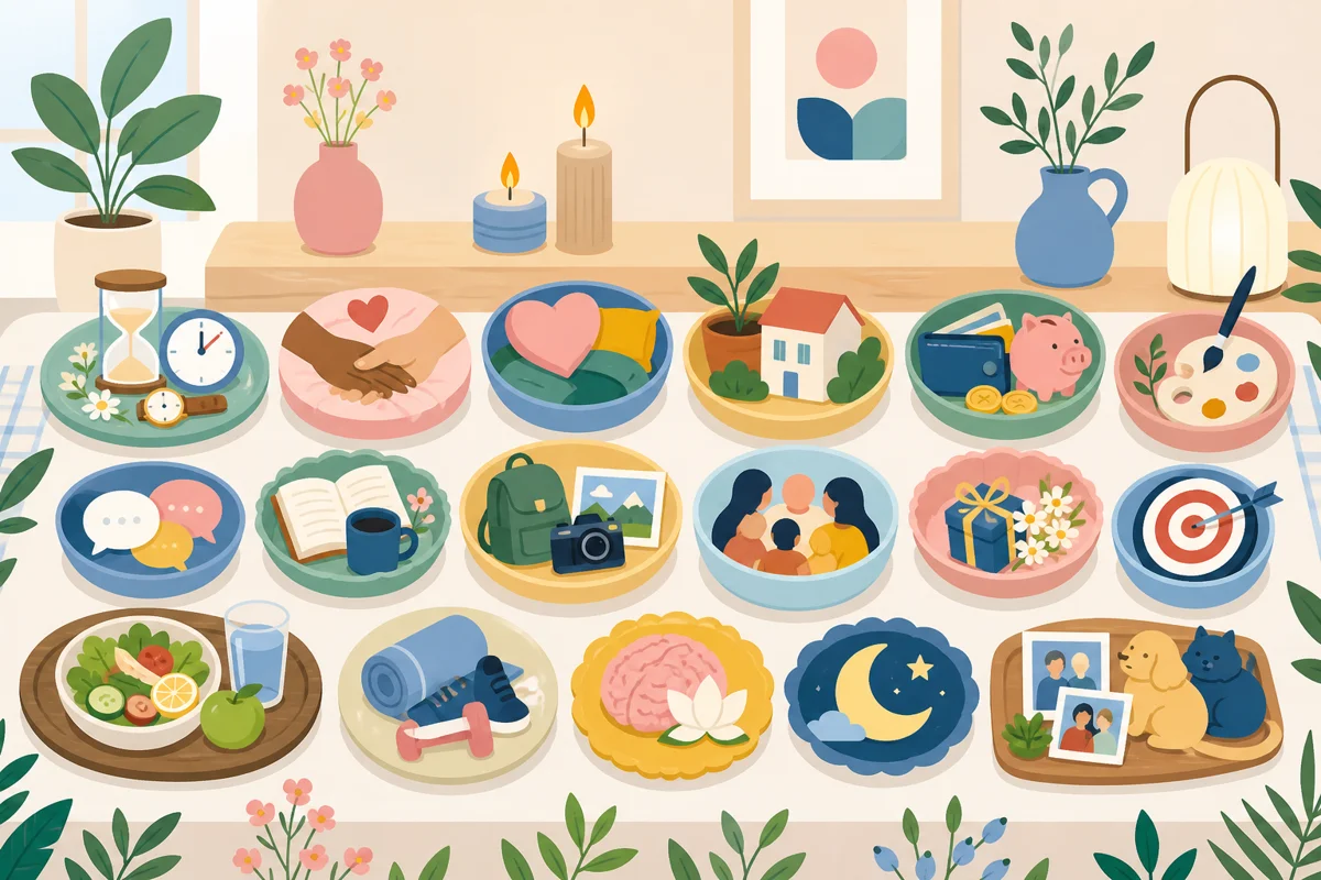Flat vector buffet table of relationship ingredients for the relationship smorgasbord concept