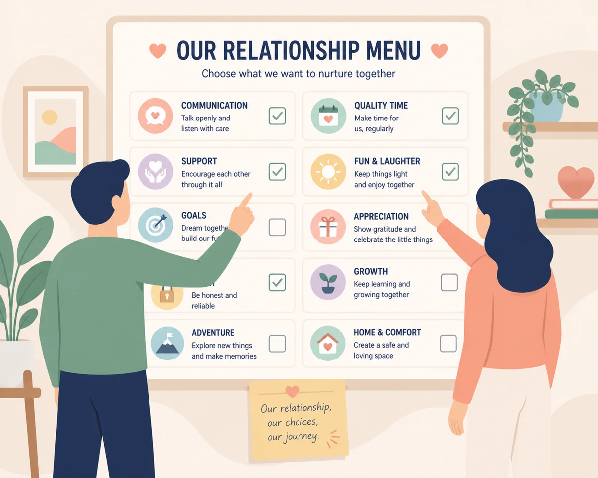 Two abstract figures choosing items from a relationship smorgasbord menu board