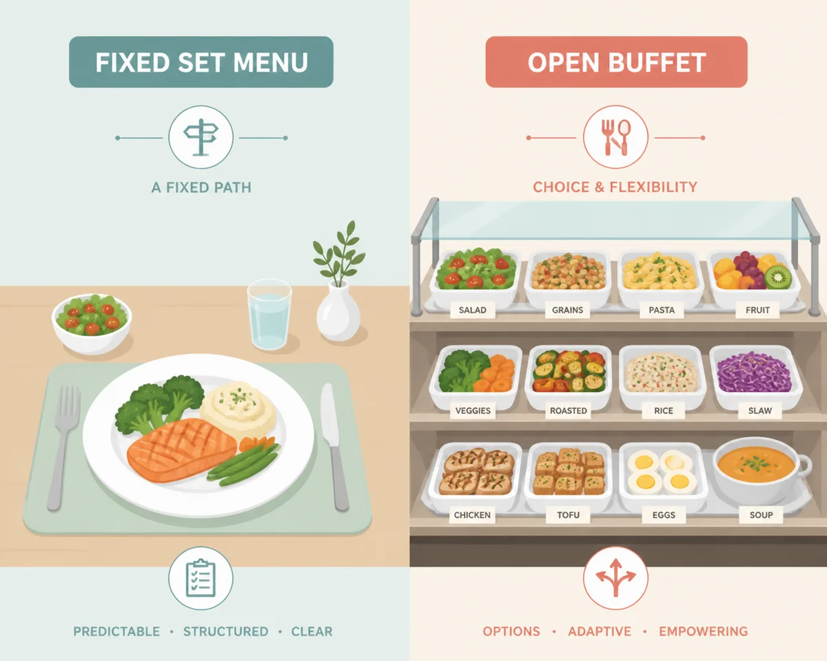 Fixed set-menu plate contrasted with an open relationship buffet of options