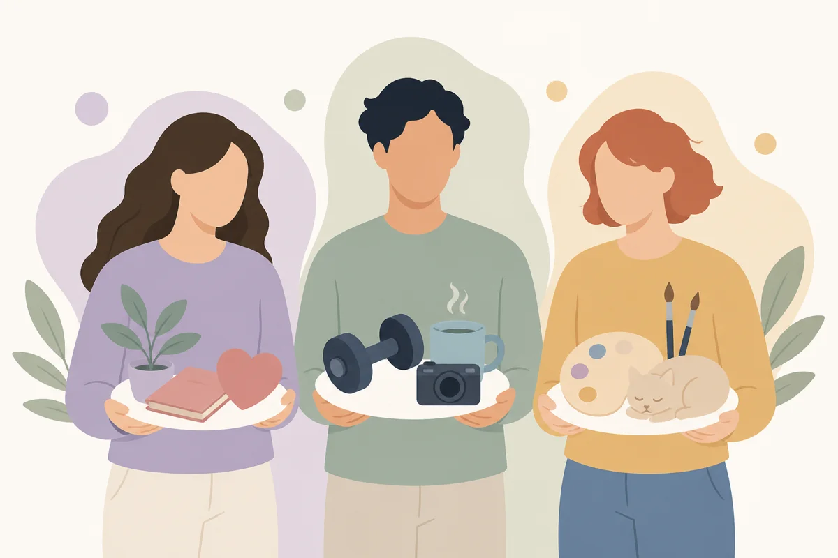 Three abstract figures each holding a custom plate in a relationship smorgasbord