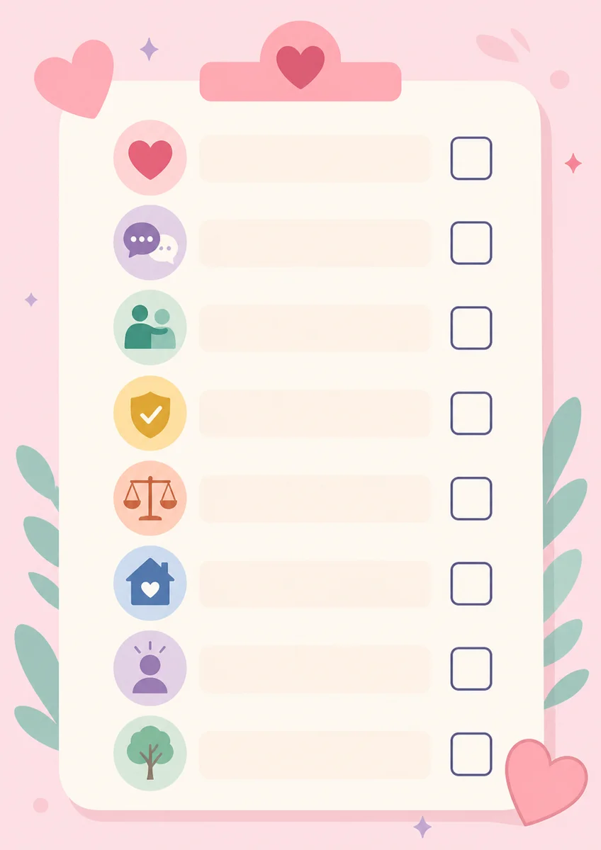 Relationship smorgasbord checklist with empty checkboxes and category icons