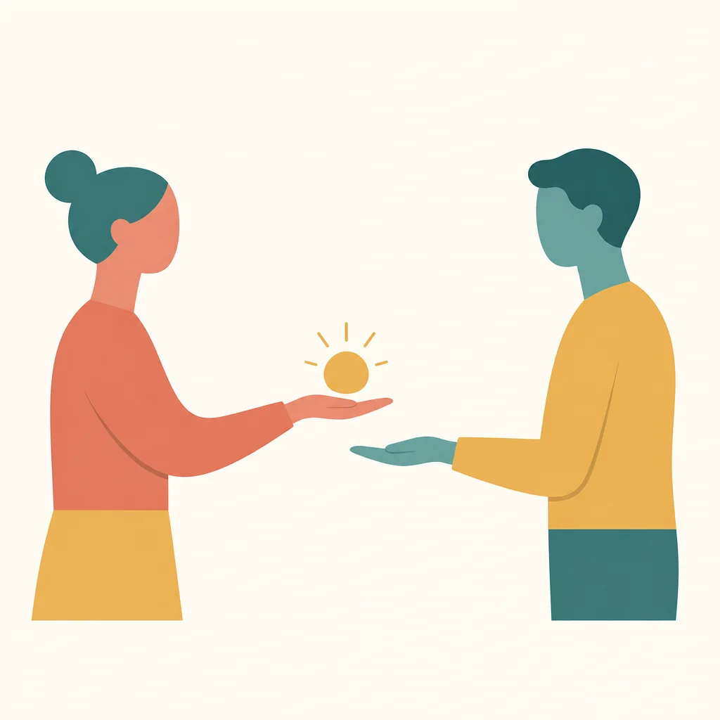 Flat vector of two hands with one offering a small shape representing reassurance given