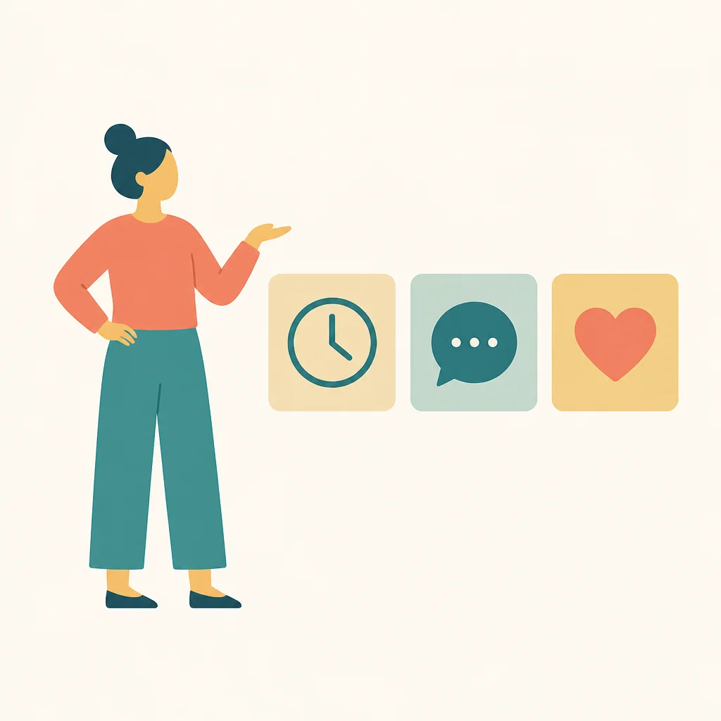 Flat vector figure beside three icon cards for time words and affection