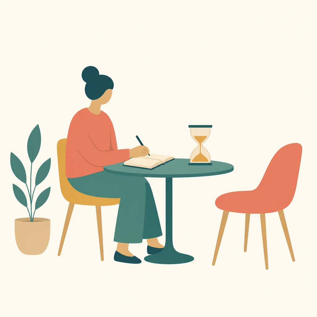 Flat vector figure with a notebook and hourglass representing self reassurance habits