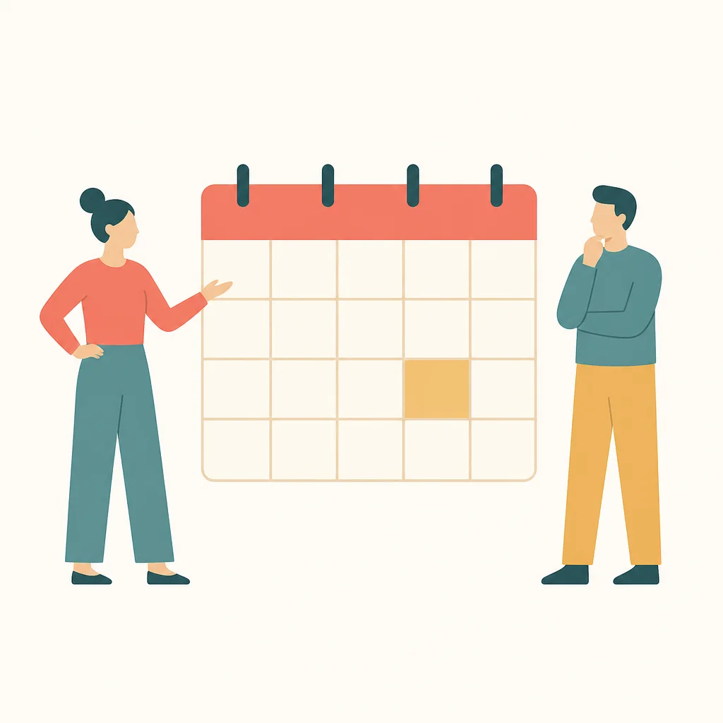 Flat vector of two figures beside a calendar with one highlighted square