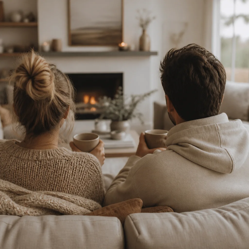 A couple sitting together on a sofa, seen from behind, illustrating secure connection