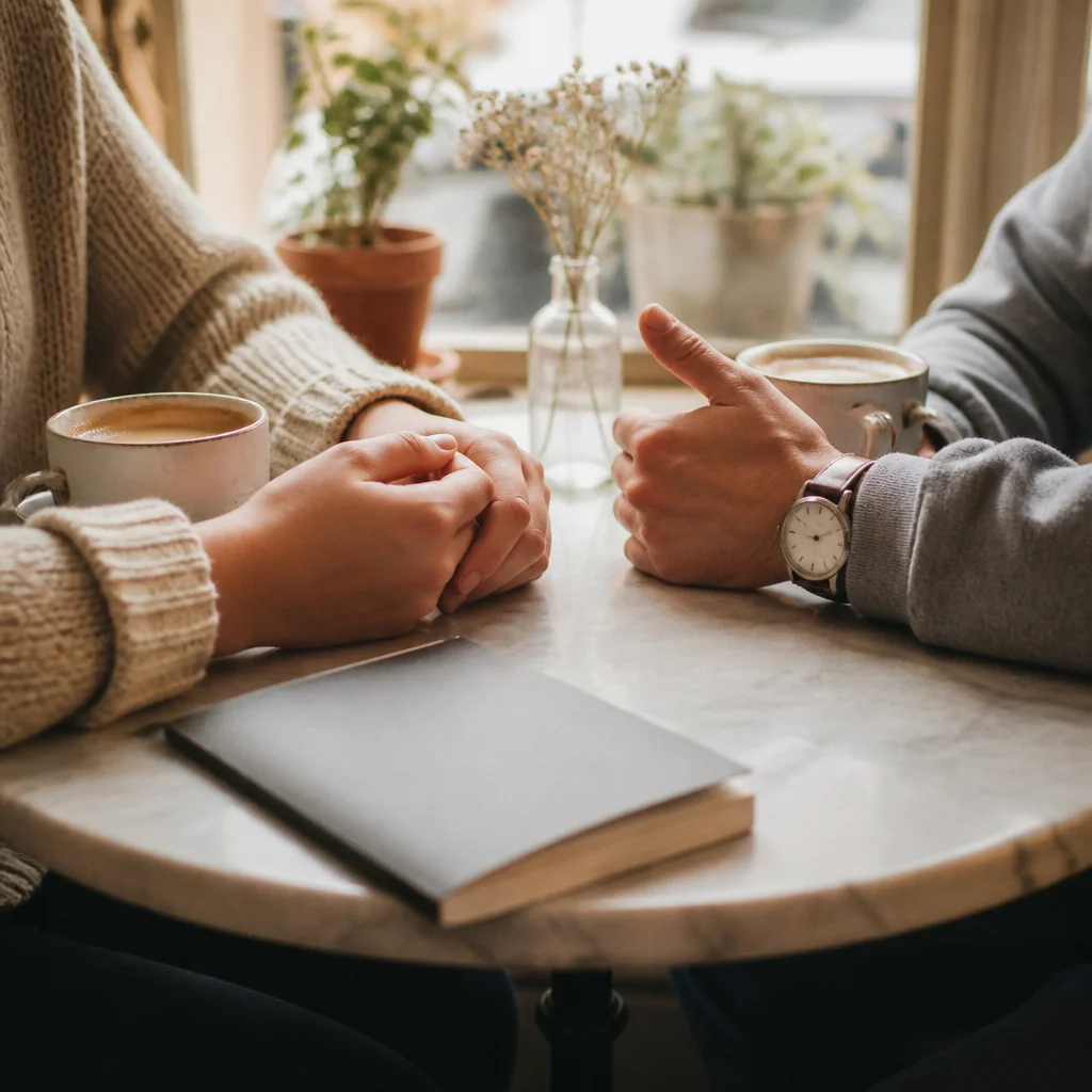 Two people having a calm conversation across a cafe table