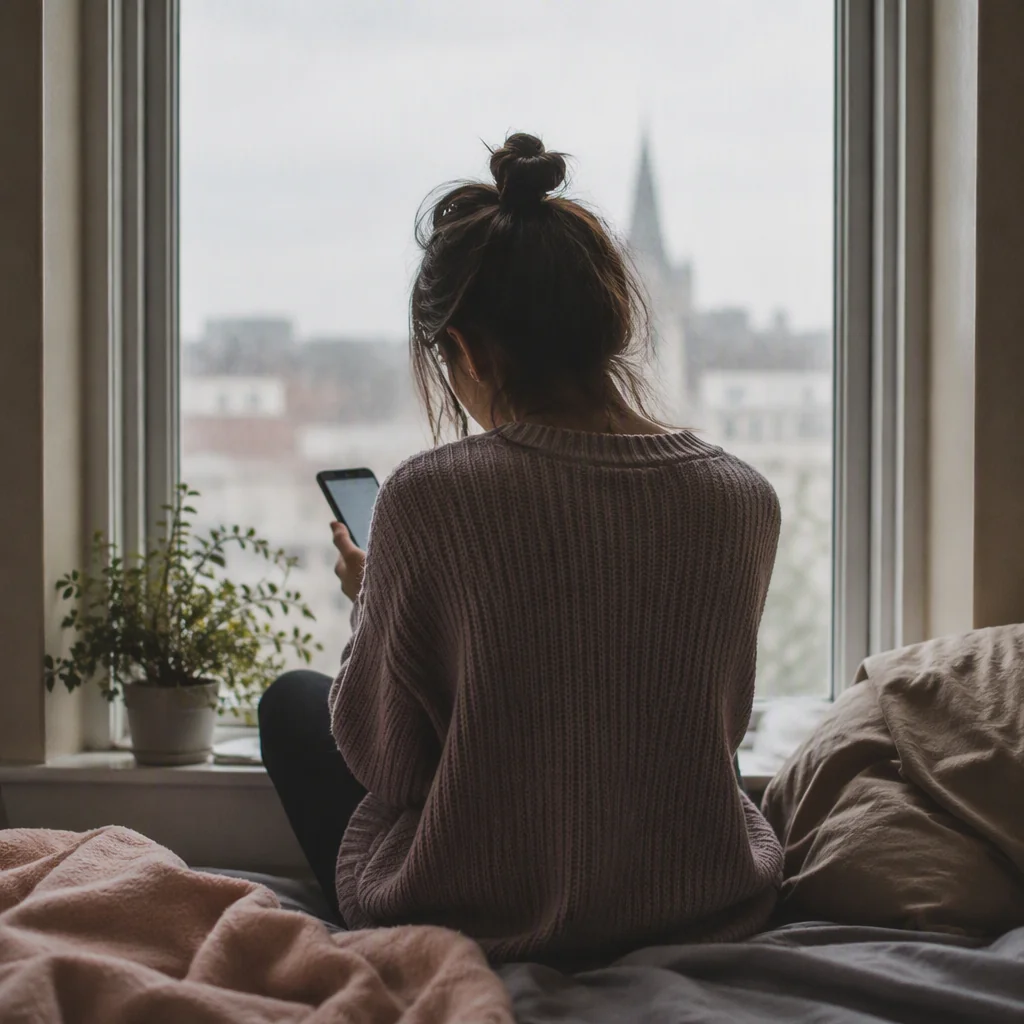 A person waiting quietly by a window, illustrating the anxious side of attachment