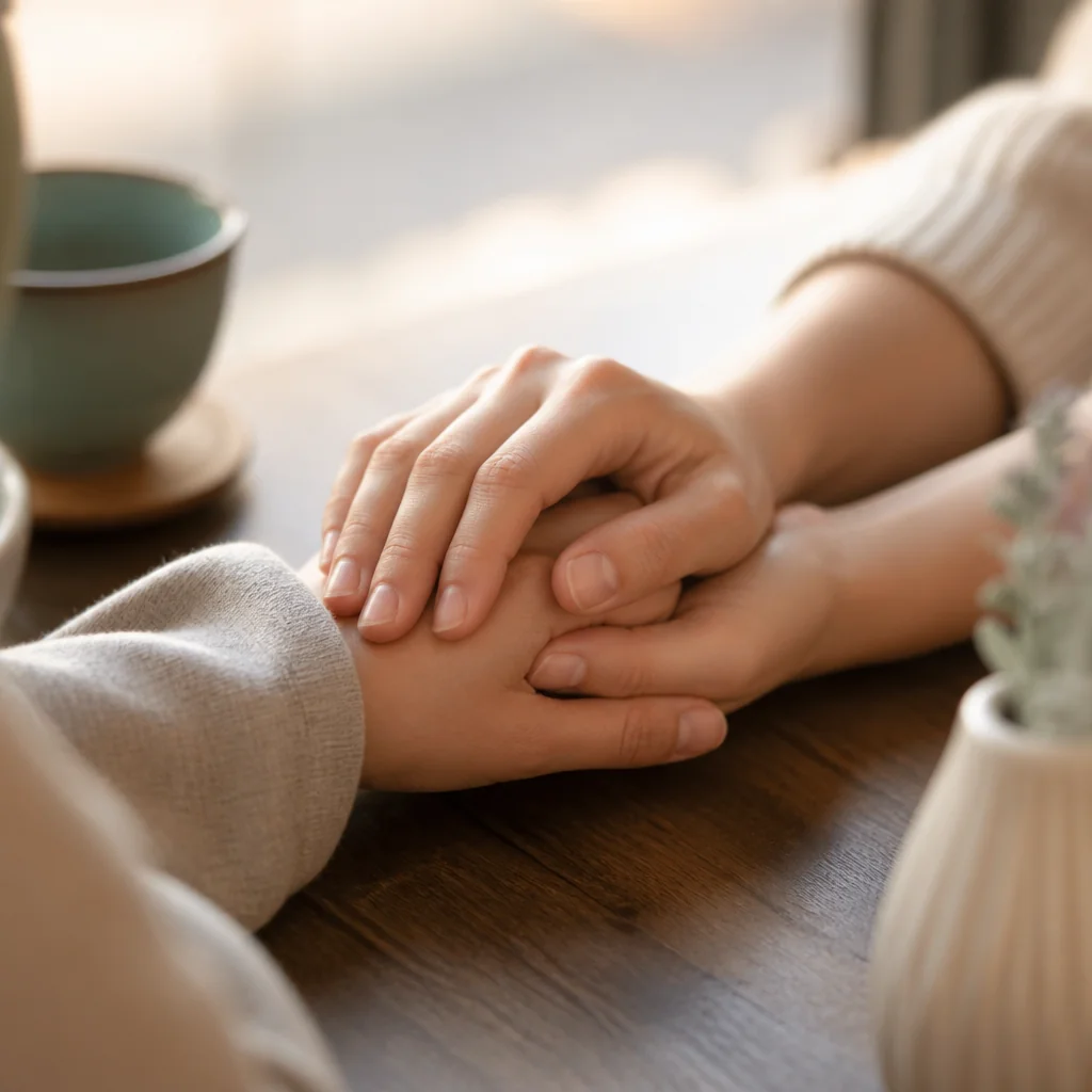 Two hands held together, symbolizing reassurance and secure connection