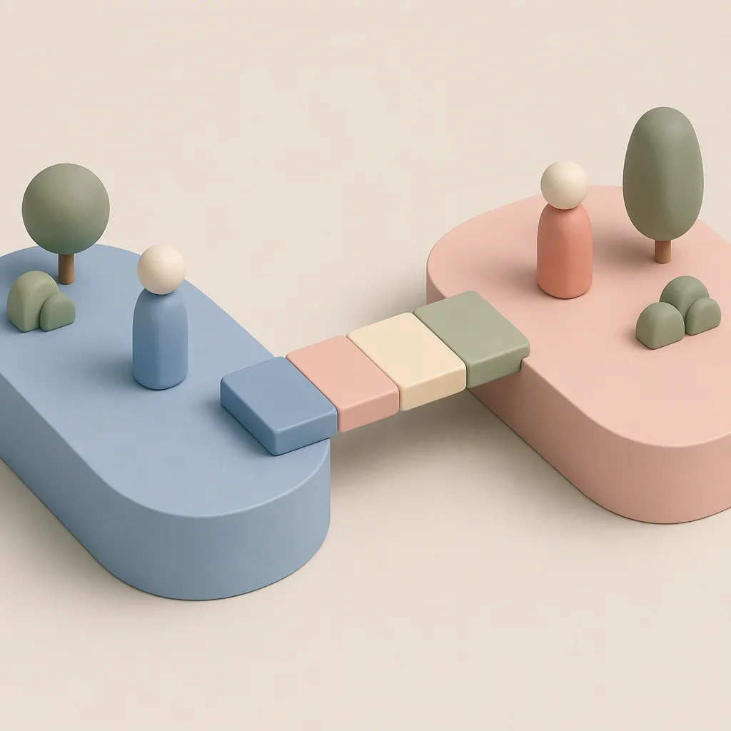 Isometric illustration of two platforms separated by a gap with a partly built block bridge, representing gradual vulnerability with a new ENM partner