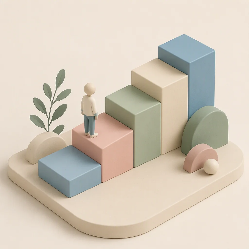 Isometric illustration of a five-step pastel staircase with a small figure on the second step, representing a gradual disclosure ladder