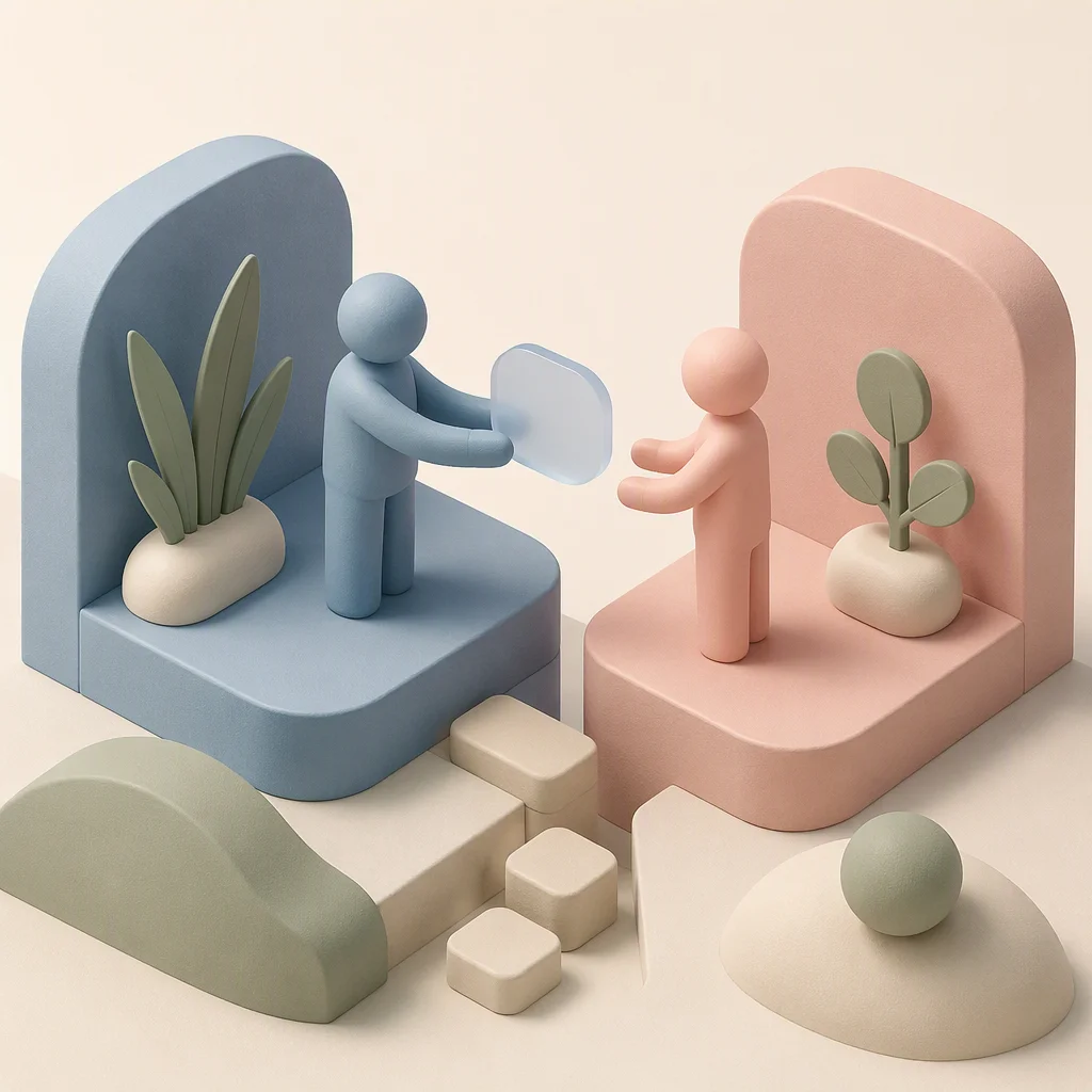 Isometric illustration of one figure offering a translucent shape to another across a narrow gap, representing offering something true to a new partner