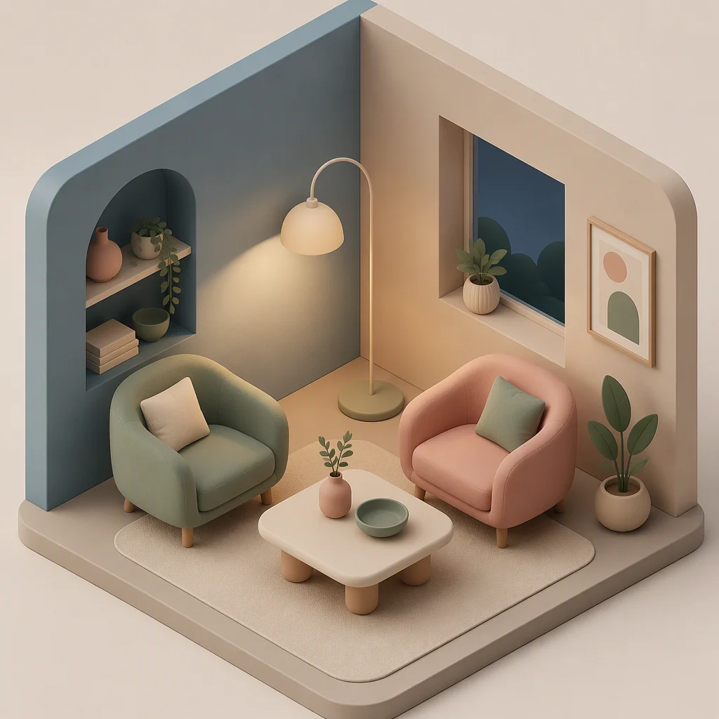 Isometric illustration of a quiet room corner with two chairs facing each other, a low table and a soft floor lamp, representing a prepared conversation space