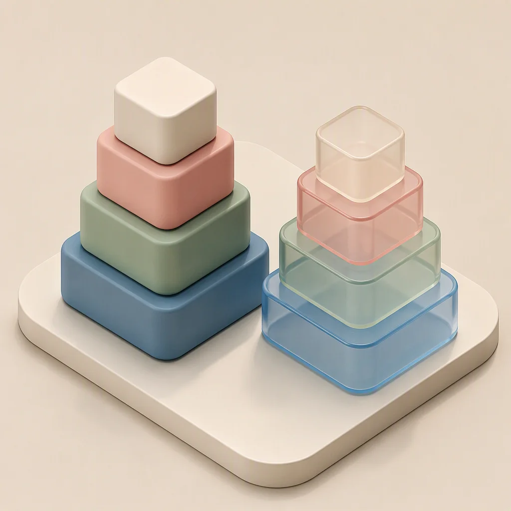 Isometric illustration of two stacks of blocks, one opaque and one semi-transparent, representing different depths of disclosure between partners