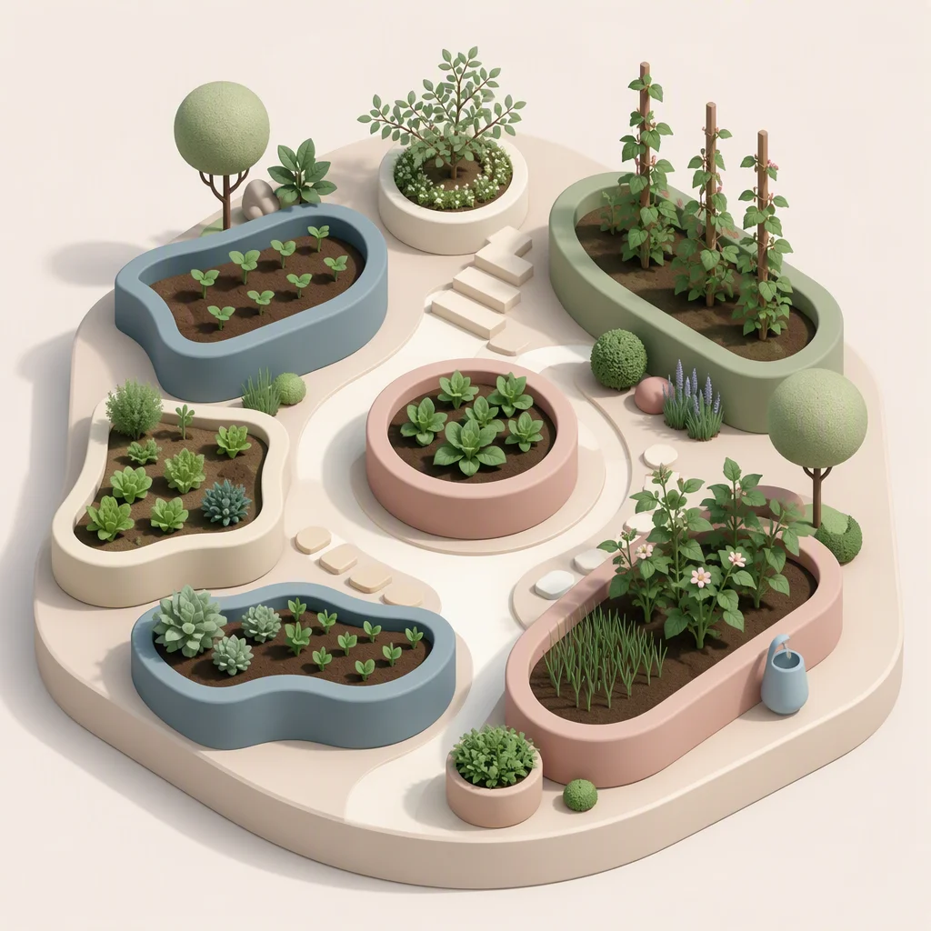 Isometric illustration of a small garden with planted beds connected by curved paths and sprouts at different growth stages, representing trust growing over time across a relationship network