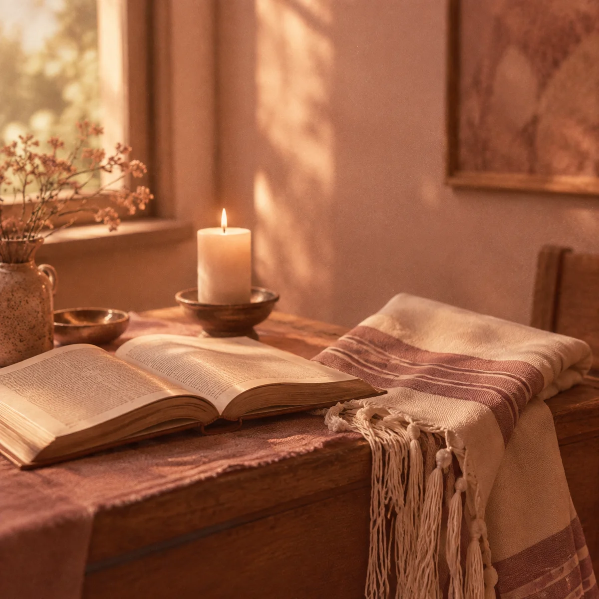 religious and non-monogamous person lighting a candle at home in warm duotone light