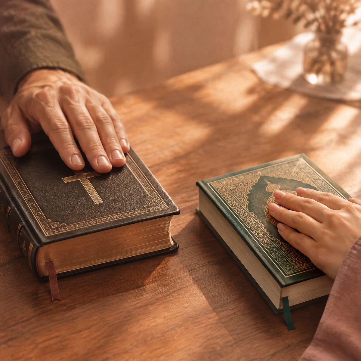 two hands holding different religious texts in warm duotone photography