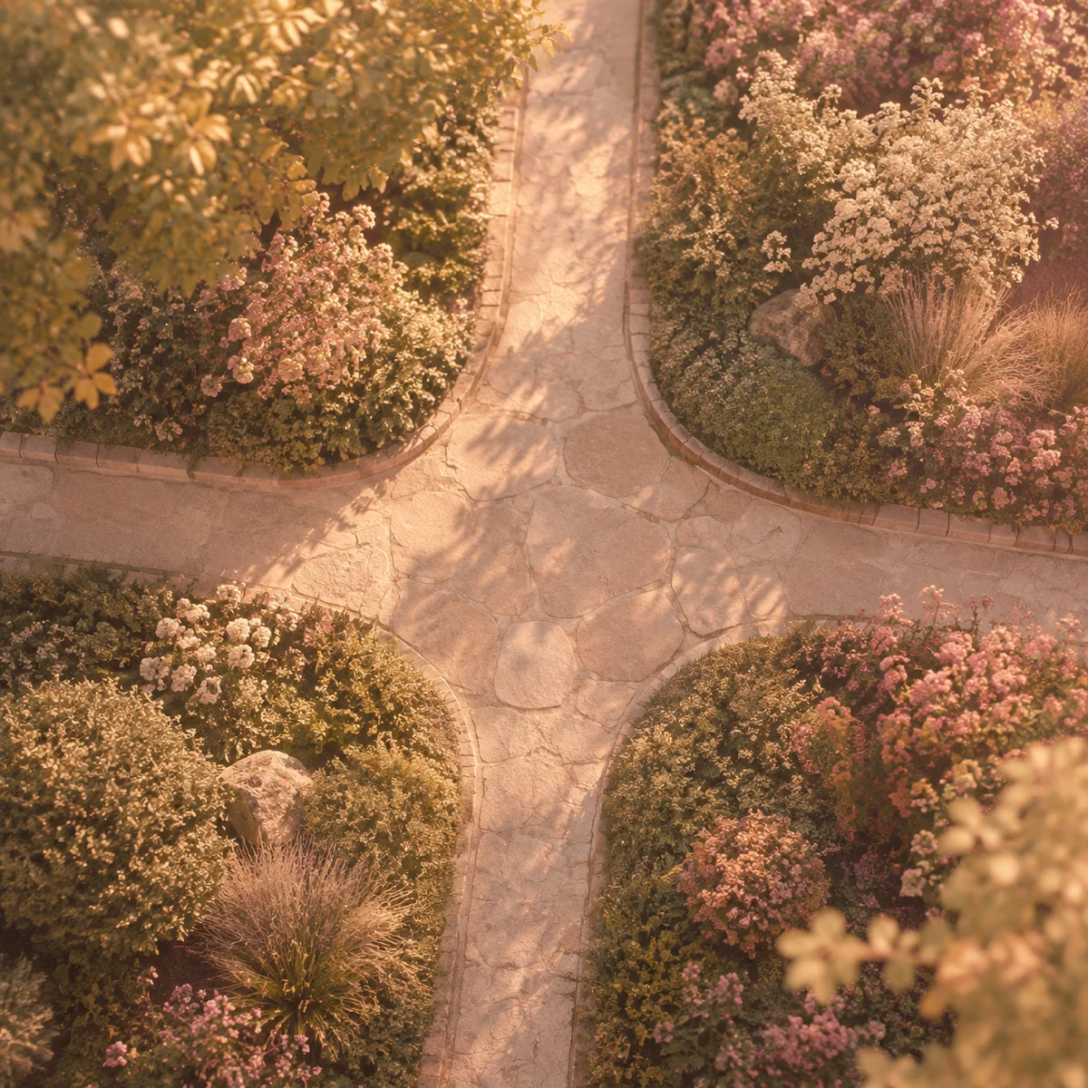 four symbolic paths diverging in warm duotone photography