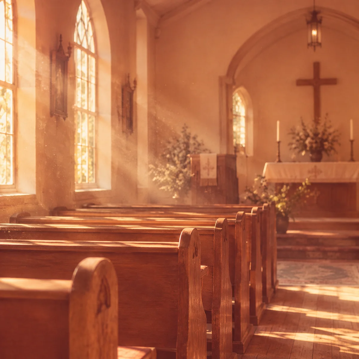 empty wooden pews in a small chapel in warm duotone photography