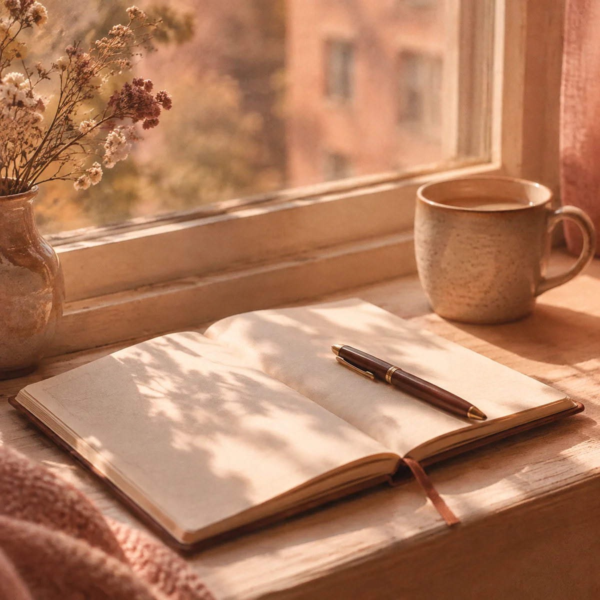 journal and pen on a windowsill in warm duotone photography