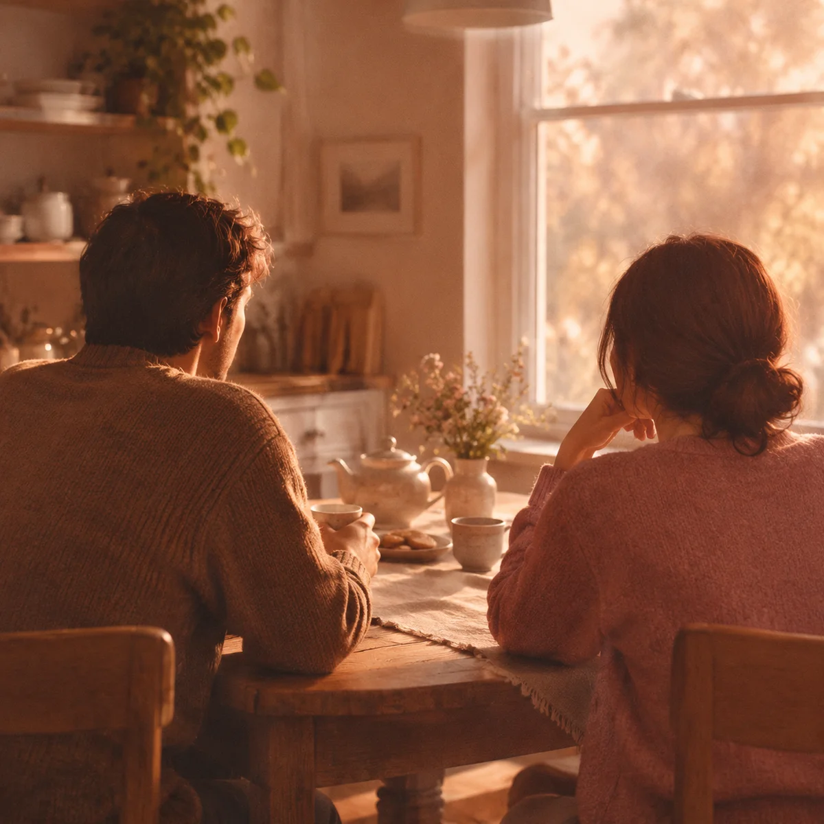two people talking across a kitchen table in warm duotone photography