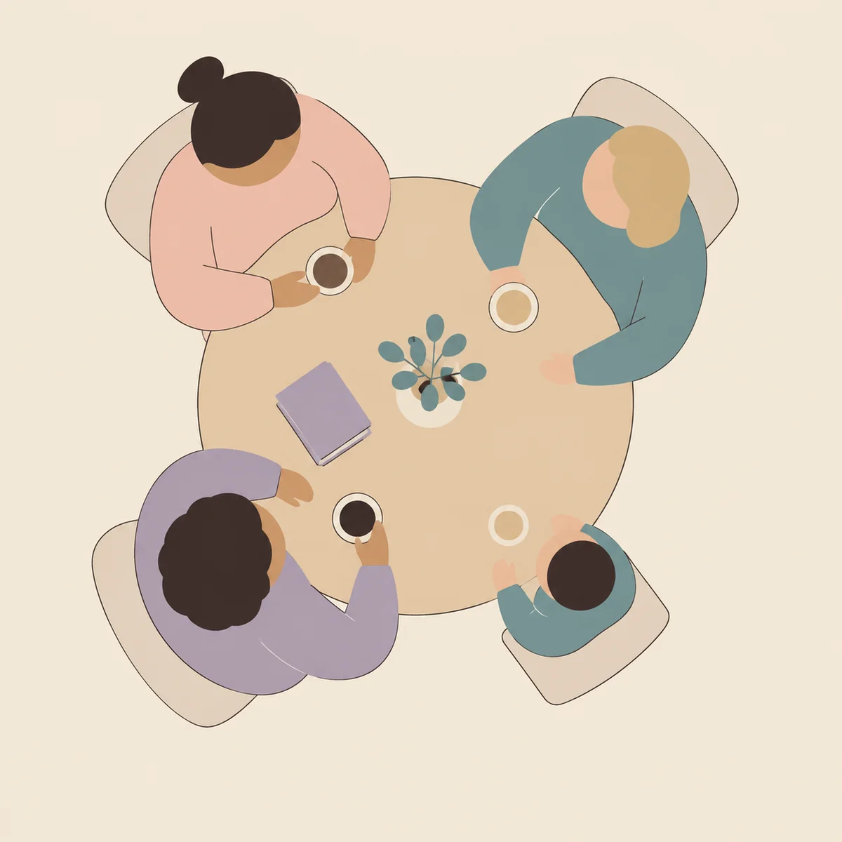Co-parenting plan in a polycule illustrated as adults and a child around a shared table