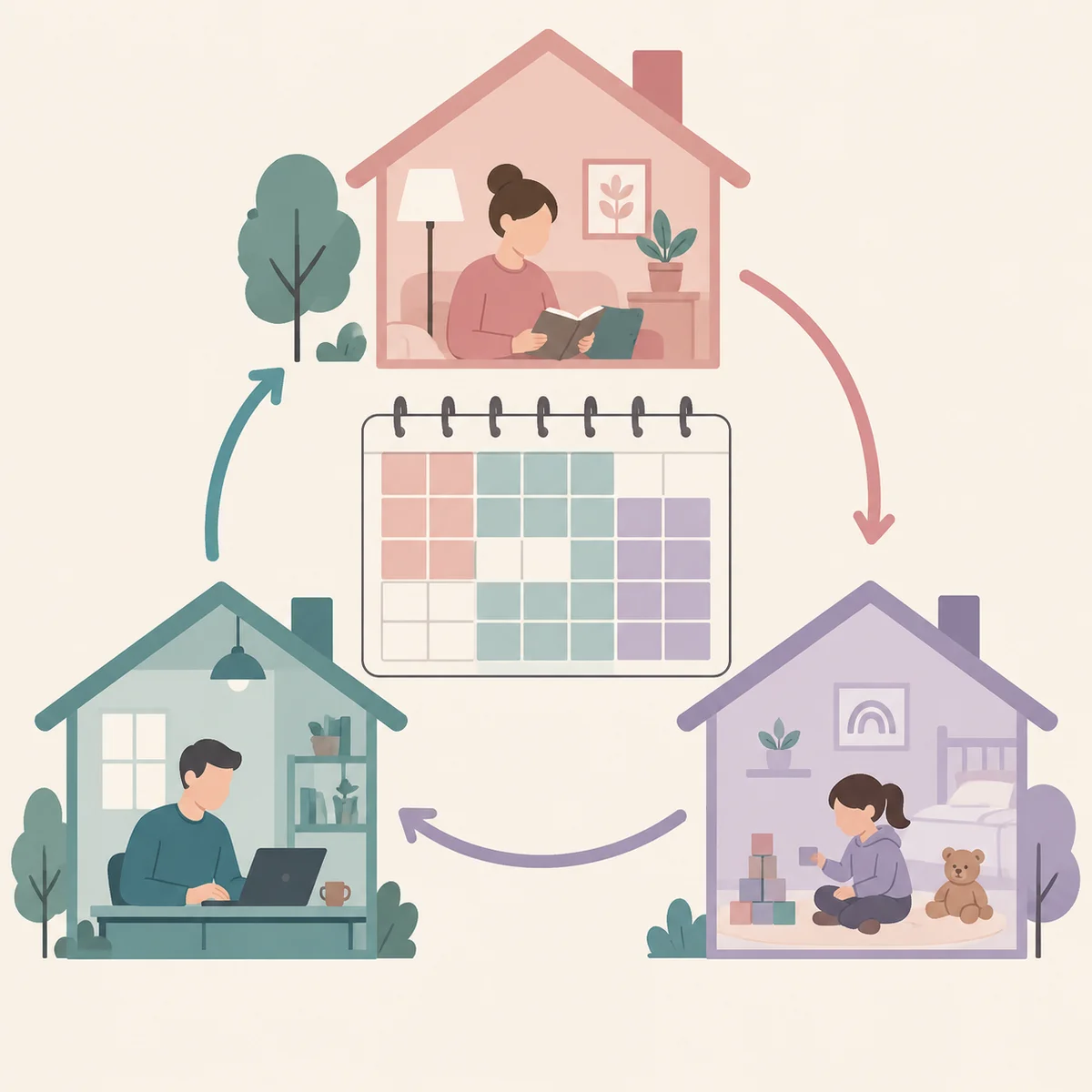 Flat vector calendar showing a child's schedule moving between three households