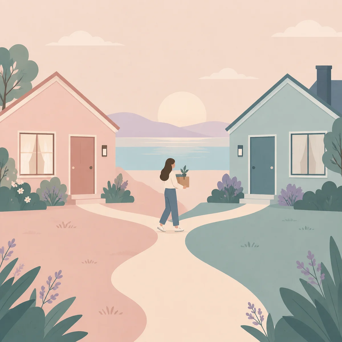 Flat vector illustration of a calm handover between two households in a co-parenting plan