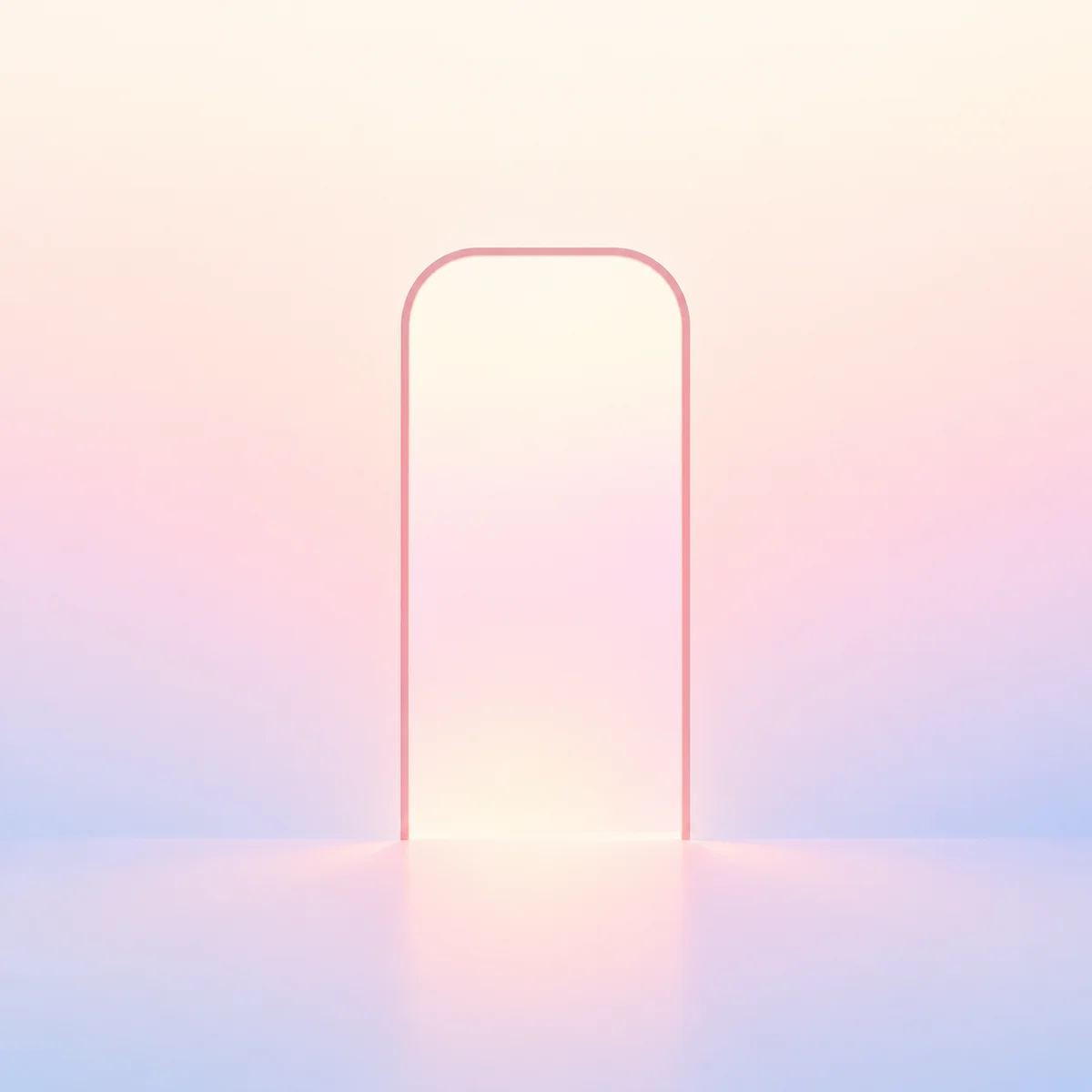 A rounded rectangle suggesting a doorway in soft rose on a pale gradient