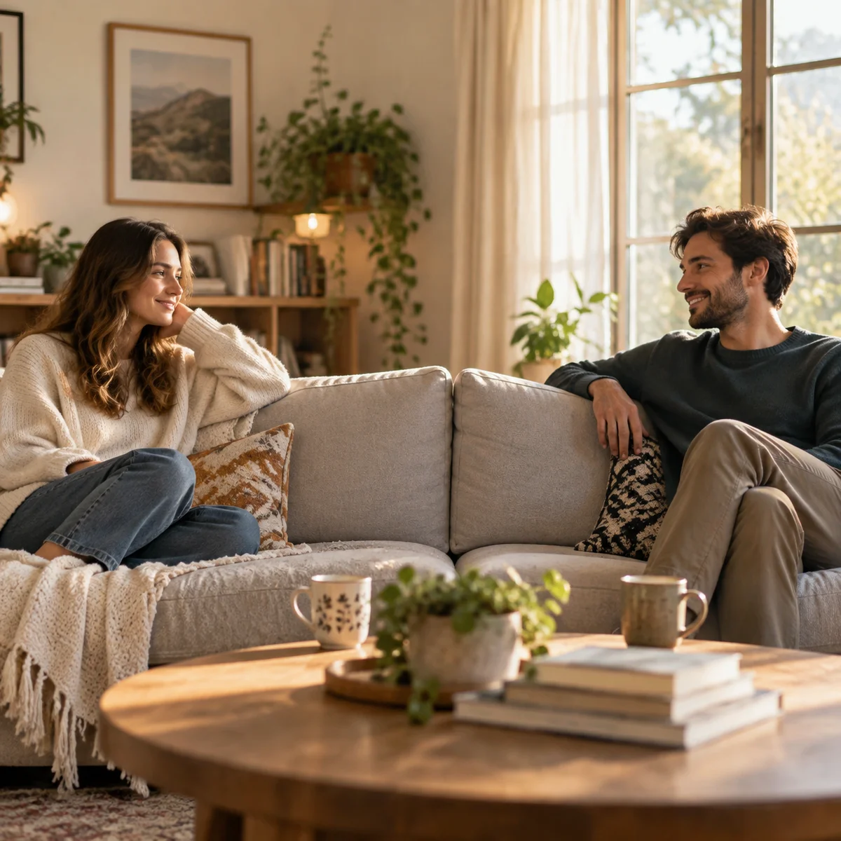 Desire discrepancy in non-monogamy shown as two partners sitting apart on a sunlit sofa