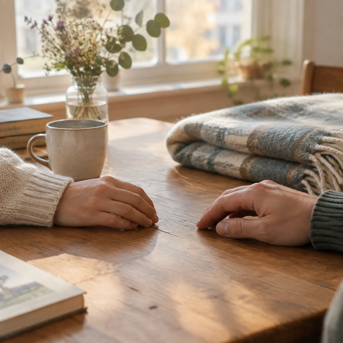 Two hands resting a short distance apart on a wooden table beside a folded blanket