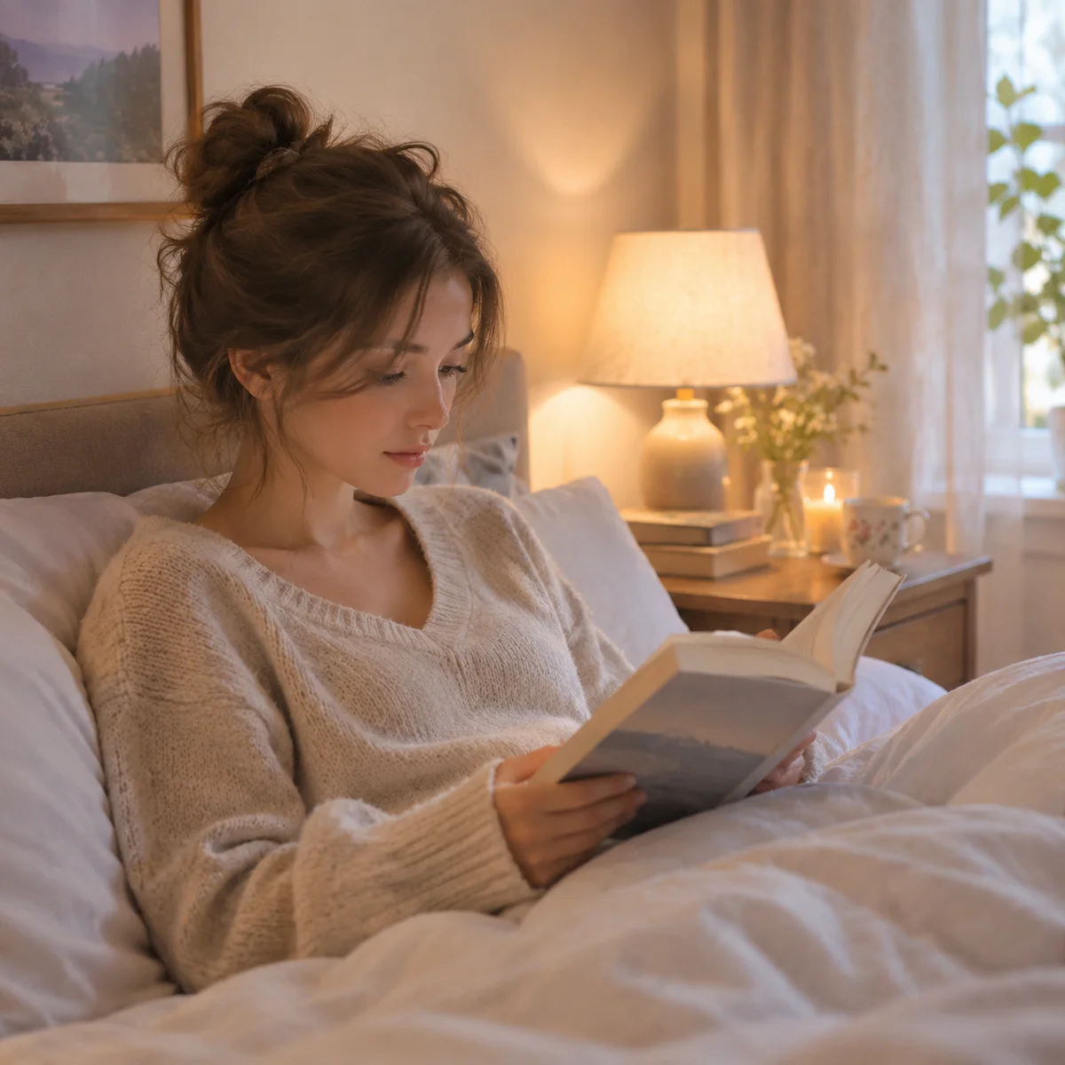 A person reading quietly in bed under soft lamplight, representing responsive desire and rest
