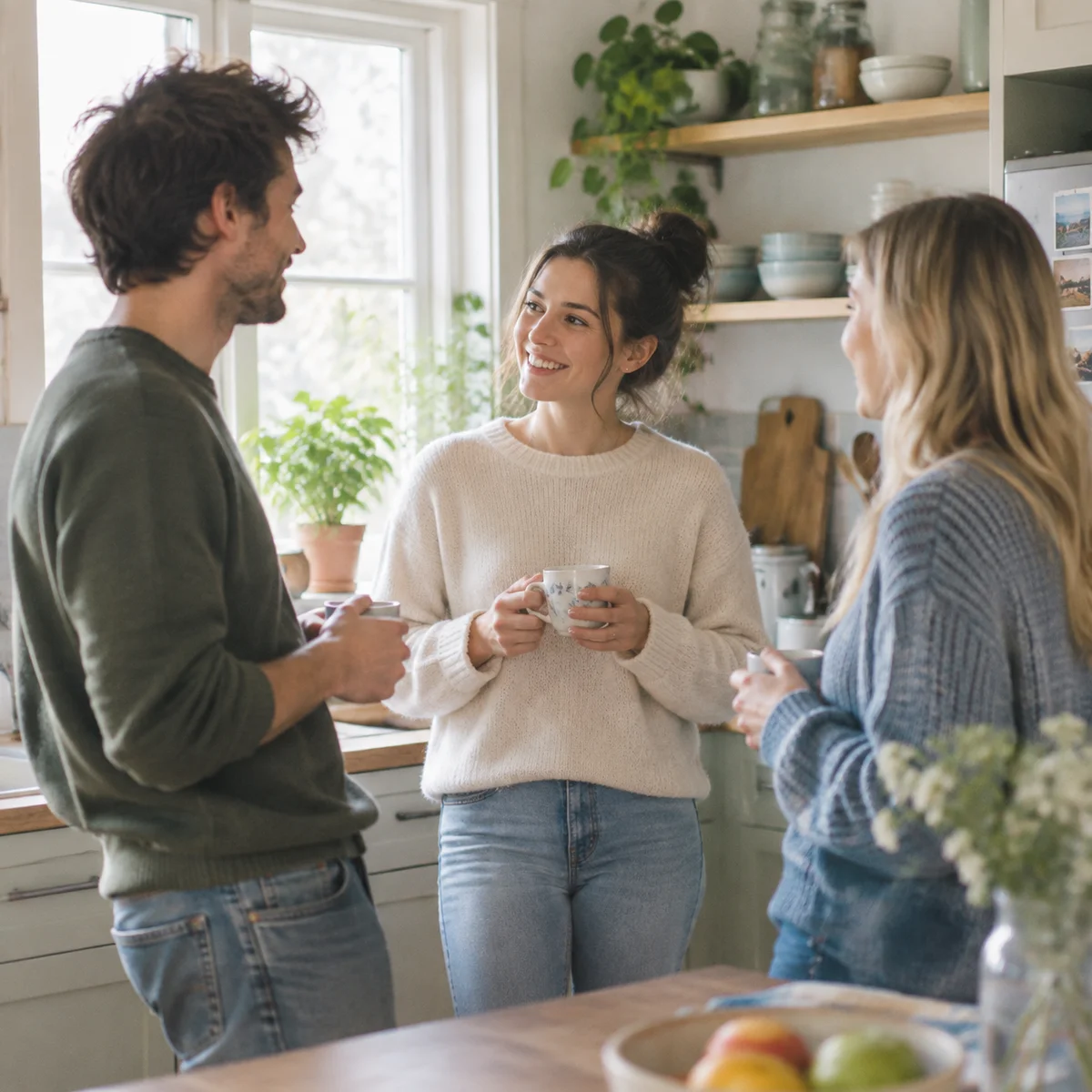 Three adults talking in a kitchen in casual clothes, representing a non-monogamous network