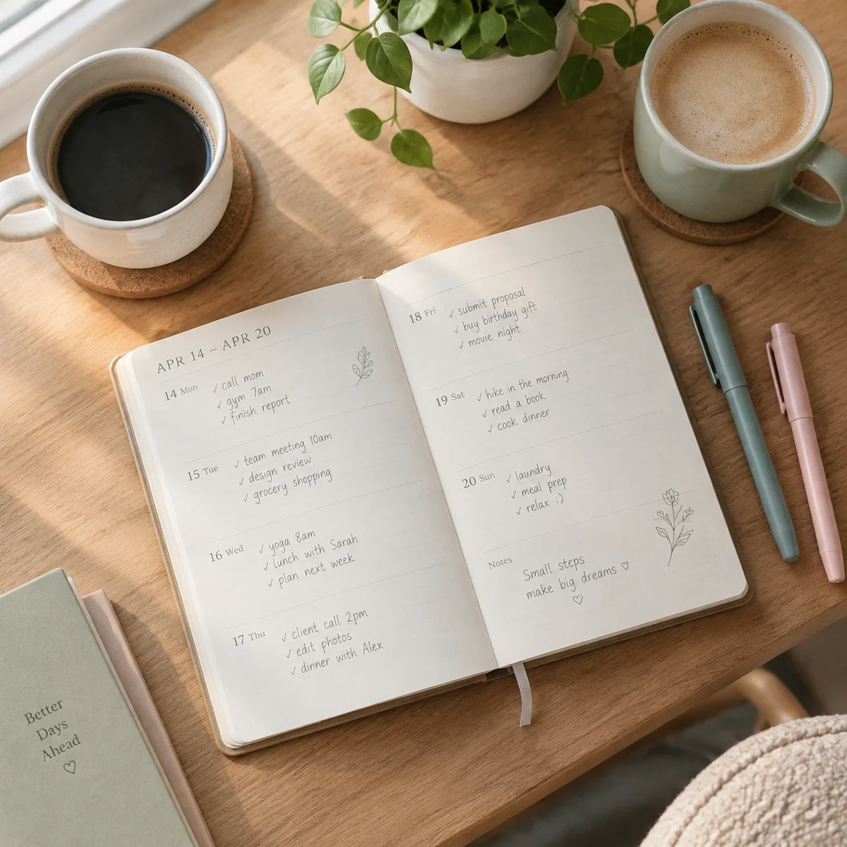 An open paper planner on a desk with two coloured pens and two coffee cups